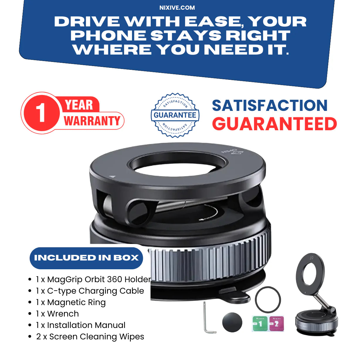 MagGrip Orbit 360 – Magnetic Phone Mount with Wireless Charging & Permanent Lock