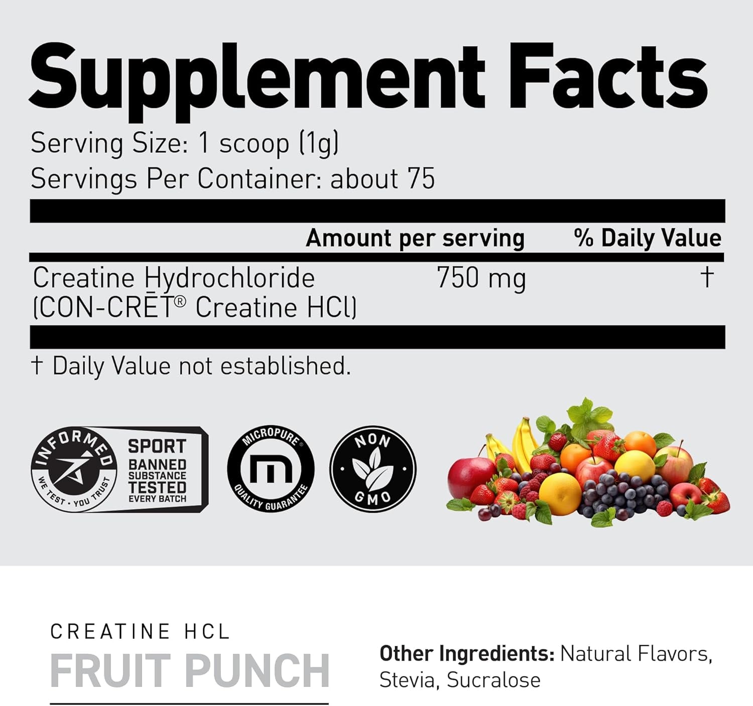 Supplement Creatine Hcl Powder, Fruit Punch, Supports Muscle Growth and Recovery, Patented Creatine Hydrochloride Formula, Easy Digestion and Enhanced Muscle Absorption, 75 Servings