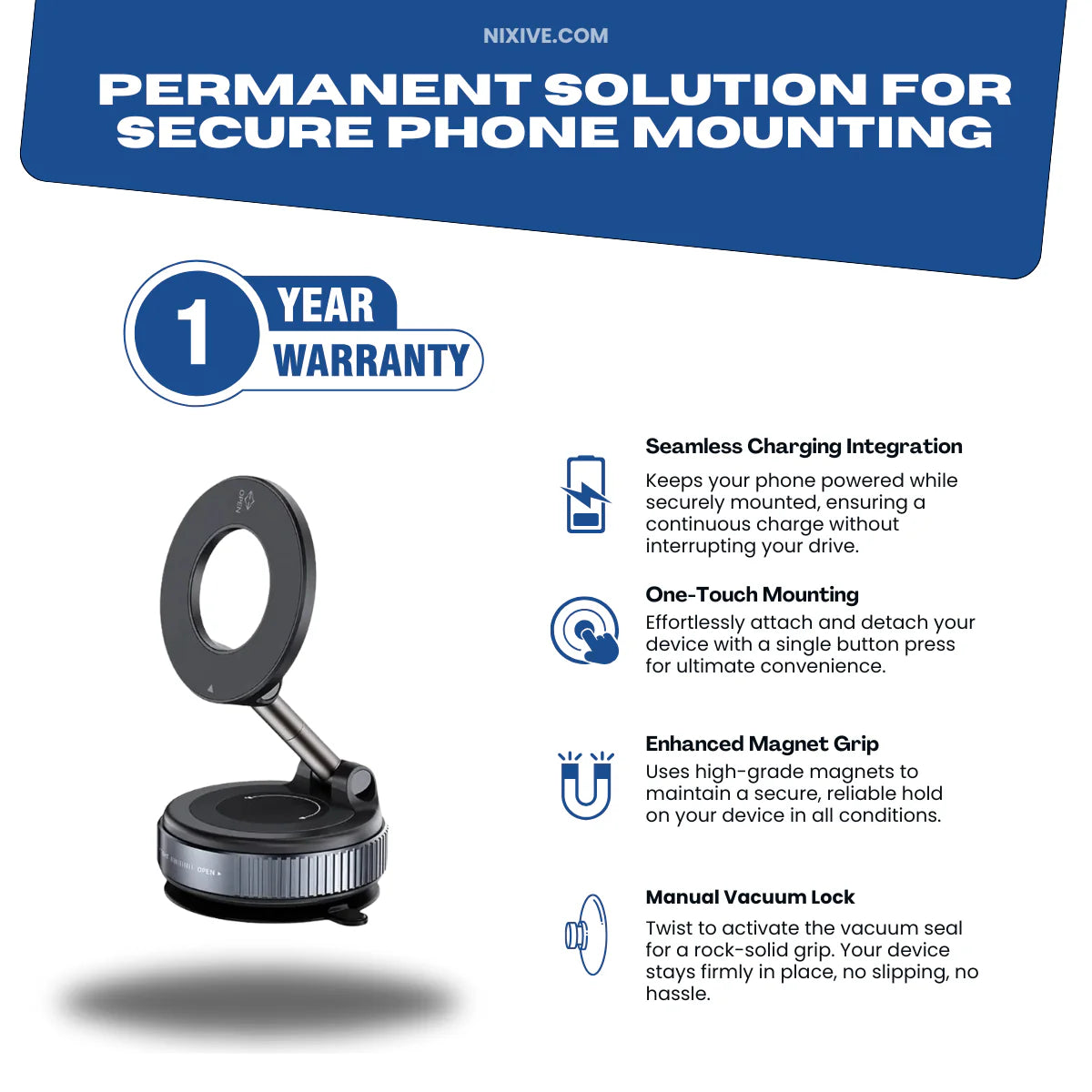 MagGrip Orbit 360 – Magnetic Phone Mount with Wireless Charging & Permanent Lock