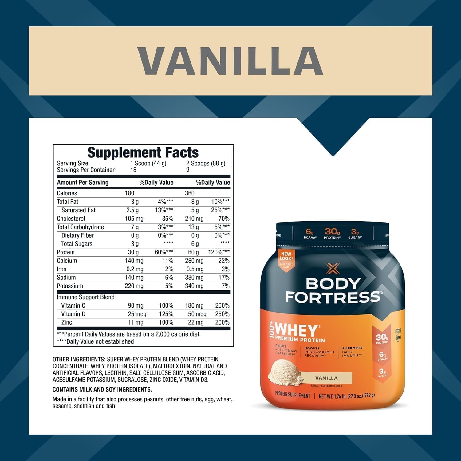 Super Advanced Whey Protein Powder, Vanilla, Immune Support (1), Vitamins C & D plus Zinc, 1.74 Lbs