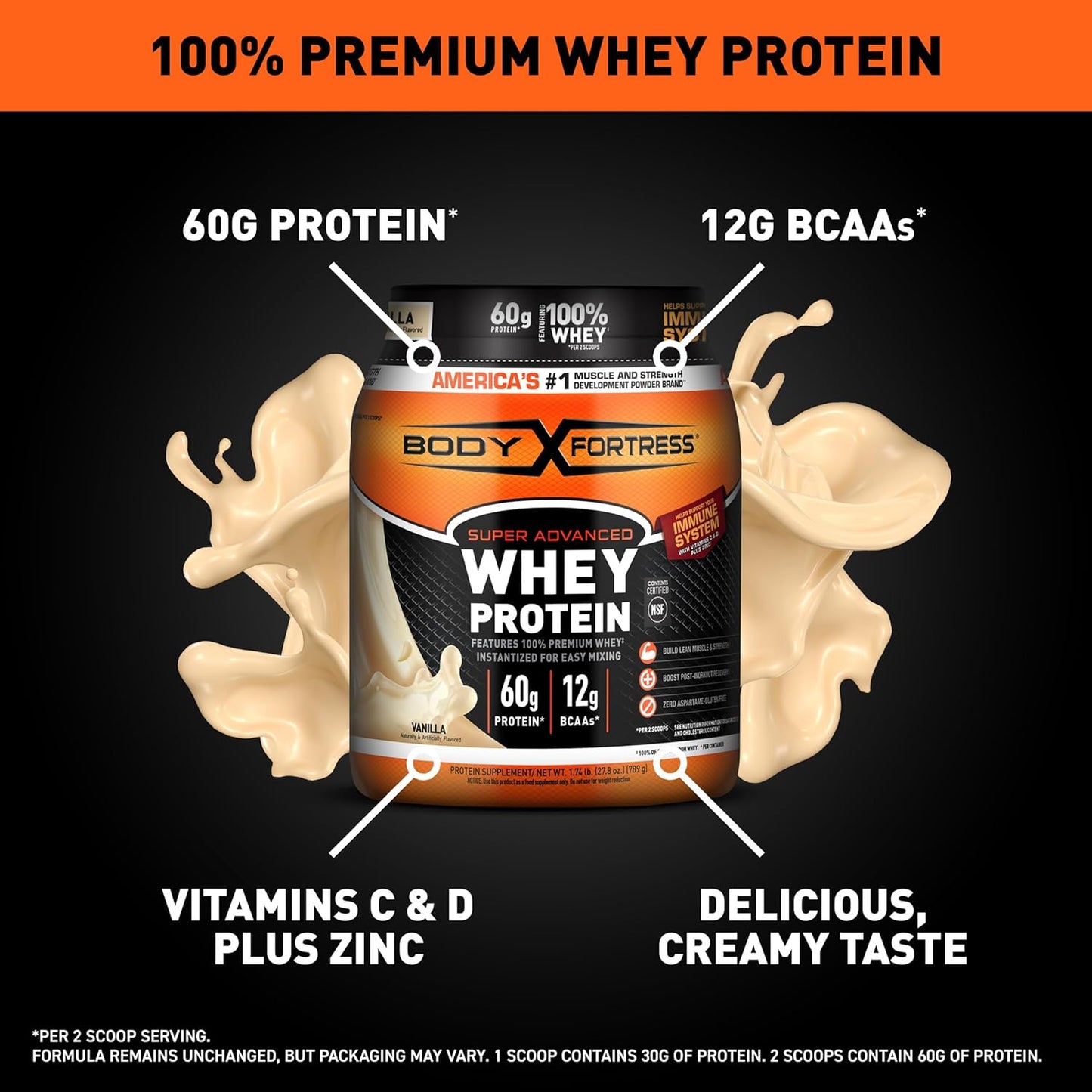 Super Advanced Whey Protein Powder, Vanilla, Immune Support (1), Vitamins C & D plus Zinc, 1.74 Lbs