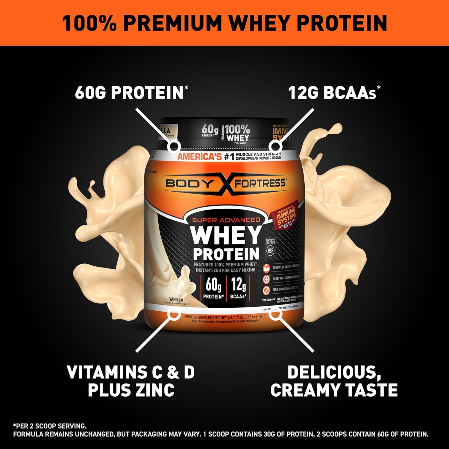 Super Advanced Whey Protein Powder, Vanilla, Immune Support (1), Vitamins C & D plus Zinc, 1.74 Lbs